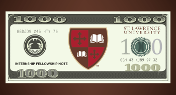 A mockup of a fake $1,000 bill, with the St. Lawrence shield at the center.