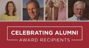 Celebrating Alumni Award Recipients. Erica Silver Dahl, Jeremy Smith, Christopher Bunting, Francis Chachu Ganya, and William Dennit.