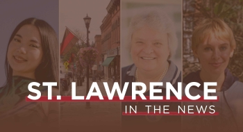 Collage containing images of Abigail Lateer, Aileen O'Donoghue, and Stephanie Yingyi Wang along with an image of downtown canton. Collage covered by a faded brown hue and the words &quot;Saint Lawrence In The News&quot; Bold Over the collage