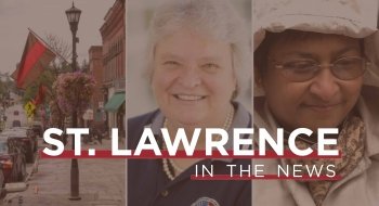 &quot;St. Lawrence In The News&quot; text overlaying 2 professors and an image of the town of Canton