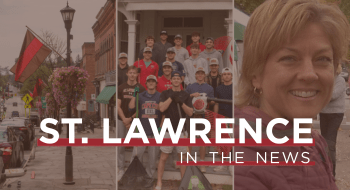 St. Lawrence in the News Cover Photo - 3 photo collage, photos include a photo of the mens baseball team, Eileen Visser, and the St. Lawrence University Flag. Words overlay the collage stating &quot;Saint Lawrence in the News&quot;