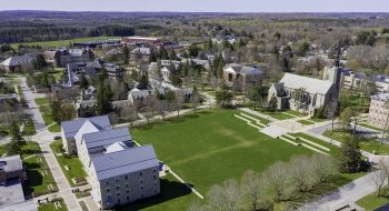 Drone image of campus in spring