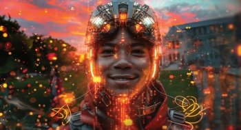 A futuristic, AI generated image of a smiling person wearing a high-tech helmet with glowing orange and red lights. The background features a sunset with warm colors, blending with the digital effects of the helmet, creating a sci-fi atmosphere.