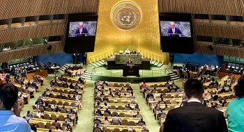 A general view of the United Nations General Assembly Hall where the UN Secretary General is addressing the assembly