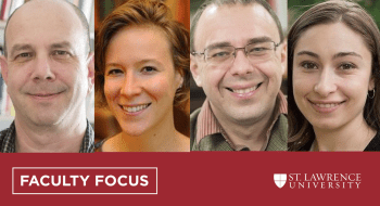 A collage featuring Howard Eissenstat, Allison Rowland, Serge Onyper, and Sahar Milani. Text at the bottom reads, faculty focus Saint Lawrence University.