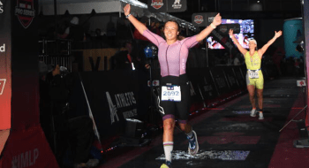 Sarah Peebles during Finish line of Ironman Lake Placid, July 2025.