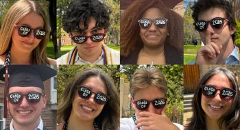 A compilation of eight different seniors wearing sunglasses that say "Class of 2026" on them.