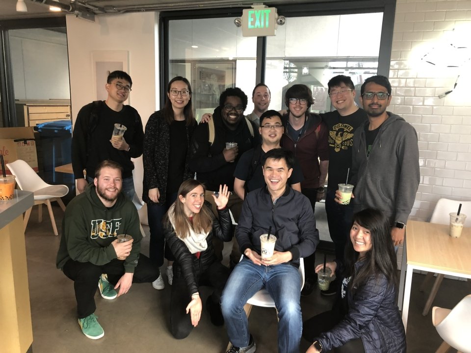 A photo of St Lawrence alumni Taylor Pellerin with a group of his Uber Eats team.