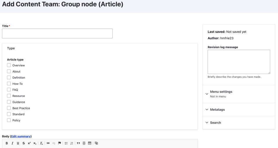 Article edit form on the main website