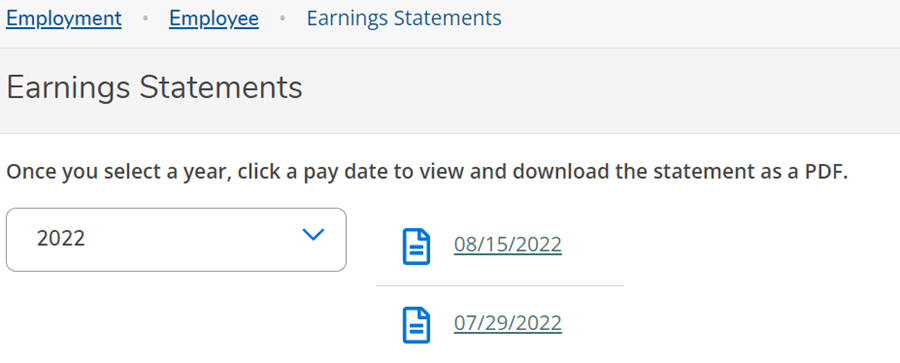 Screenshot of the listed Earnings Statements on Self Service