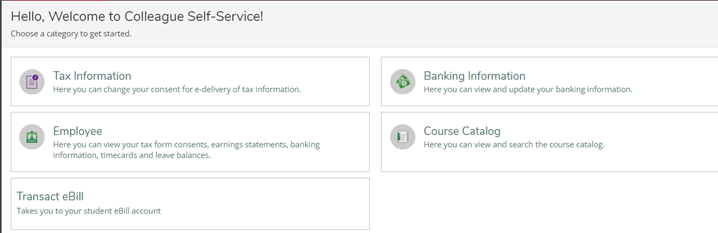 A screenshot of the Colleague Self-Service main menu screen.