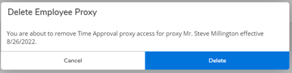 A screenshot of the Delete Employee Proxy button. There is a Cancel button on the left and a Delete button on the right.