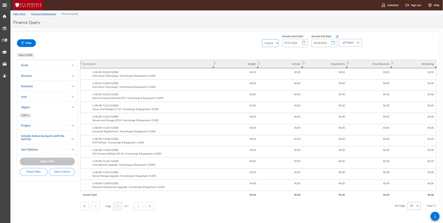 A screenshot of the APR2 Finance Query screen.