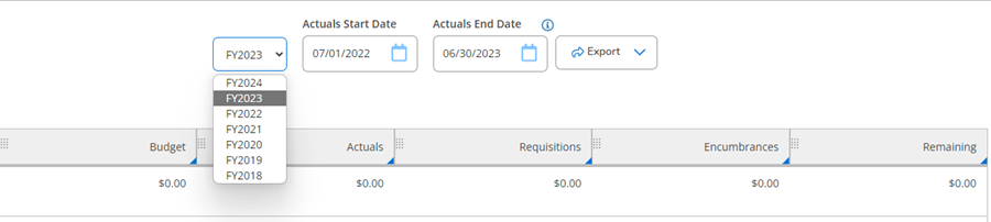 A screenshot of the Finance Query screen on APR2. There is a drop-down menu that allows users to look at the FY, or fiscal year.