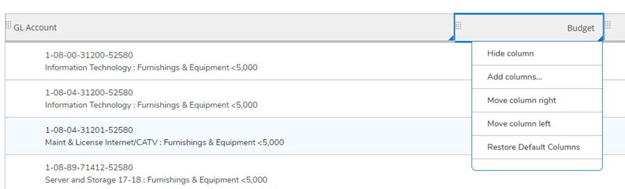 A screenshot of the GL Account chart. On the right side is a budget filter. Highlighted is a drop-down menu with options such as Add Columns or Hide Columns.