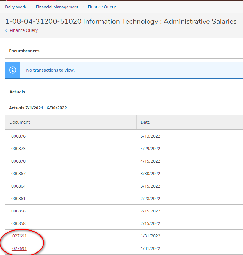 A screenshot of the budget screen. At the very bottom are two hyperlinks circled in red.