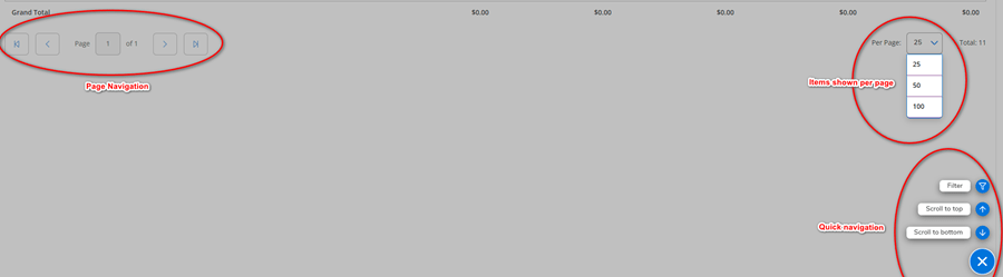 A screenshot of the navigation options at the bottom of the screen. On the left is page navigation. On the right is a drop down that reads "Per page: 25" with adjustable numbers. Beneath that is Quick Navigation, which includes filter, scroll to top, and scroll to bottom buttons.