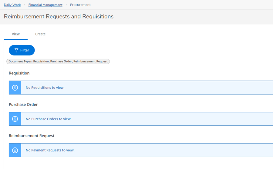 A screenshot of the Reimbursement Requests and Requisitions page.