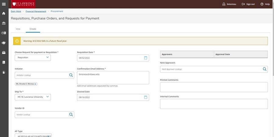 A screenshot of the Requisitions, Purchase Orders, and Requests for Payment screen.