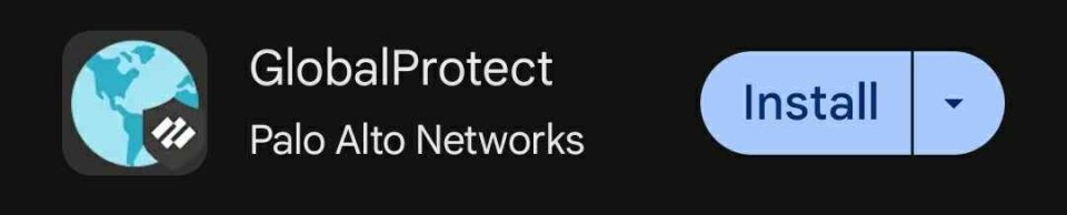 A screenshot of the Global Protect app from the Google Playstore. It is by Palo Alto Networks. The icon is a blue stylized picture of earth with a gray shield on the lower right corner.