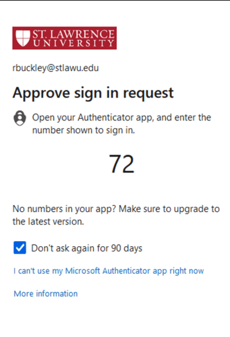 A screenshot of an Approve Sign-In Request. At the bottom of the message is a link with, "I can't use my Microsoft Authenticator app right now."