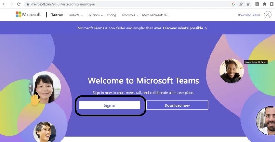 A screenshot of the Microsoft Teams website. There is a circle around the button that reads "Sign in."