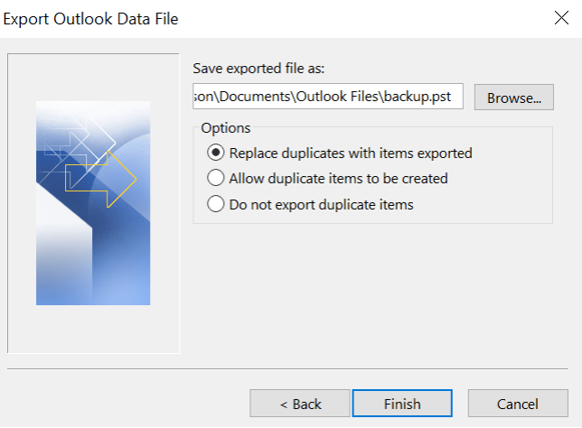A screenshot of Outlook "Export Outlook Data File." The option "Replace duplication with items exported" is selected.