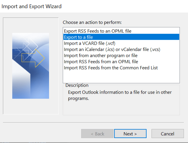 A screenshot of the Import and Export wizard. "Export to a file" is selected in the dropdown.
