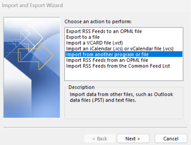 A screenshot of Outlook Import and Export wizard. The option reading "Import from another program or file" is selected.