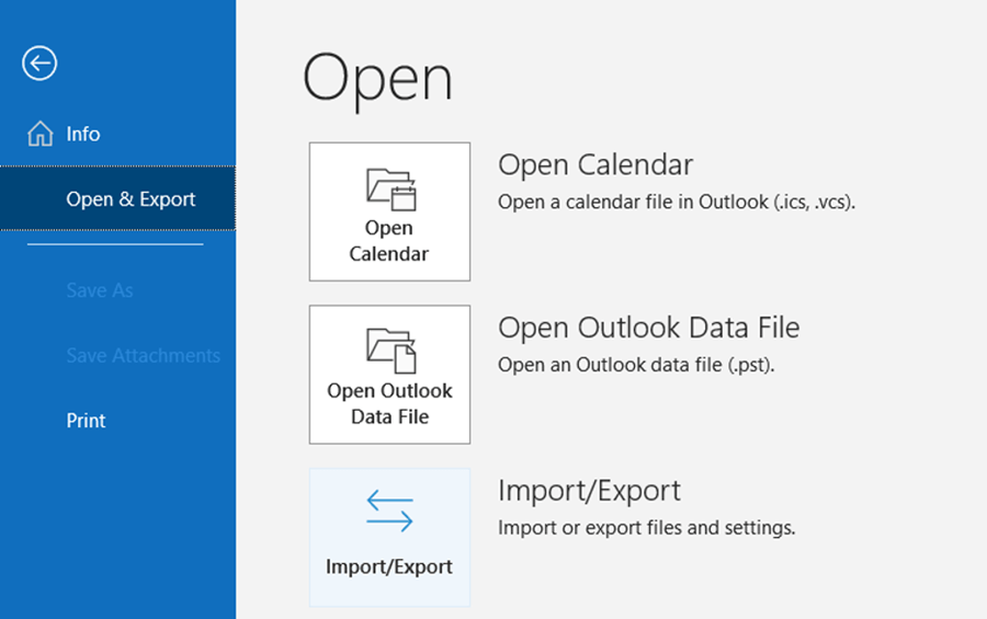 A screenshot of Outlook where Open and Export is selected. At the bottom is a button that reads Import/Export.