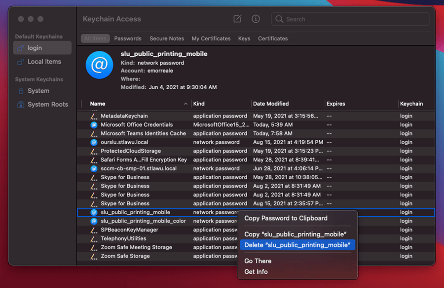 A screenshot of the Keychain view on a Mac. "Slu_public_printing_mobile" is highlighted with a popup that is selected as "Delete 'slu_public_printing_mobile.'"
