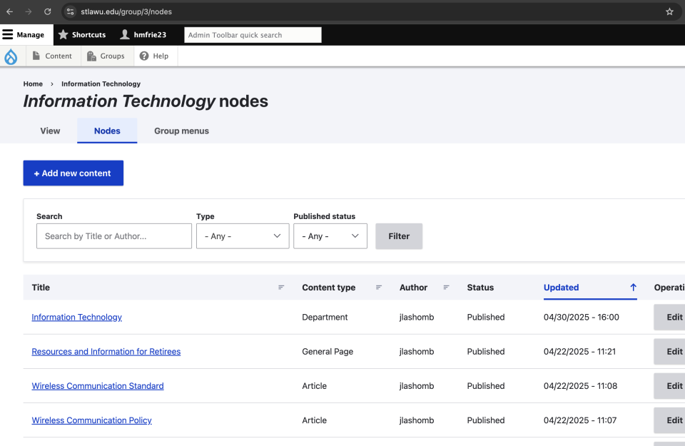 Dashboard for creating and editing a department's content on the main website.
