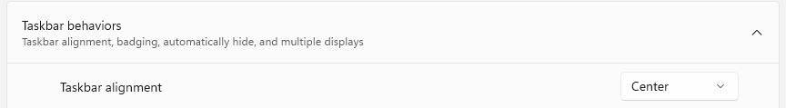 Settings for the Taskbar behaviors where you can set its display to center.