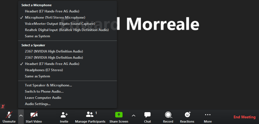 Screenshot of Zoom microphone and speaker settings