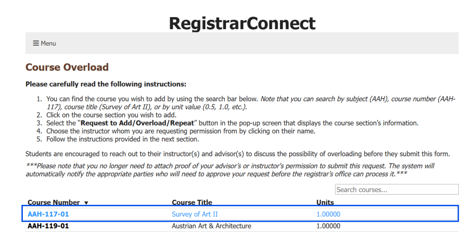 screen shot of the course overload course selection screen on Registrar Connect with a blue box highlighting the first course in the list.