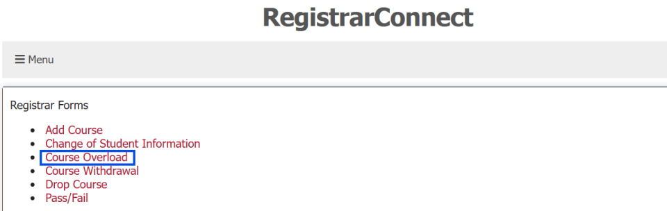 screenshot of the student forms page on Registrar Connect with the Course Overload link highlighted with a blue box.