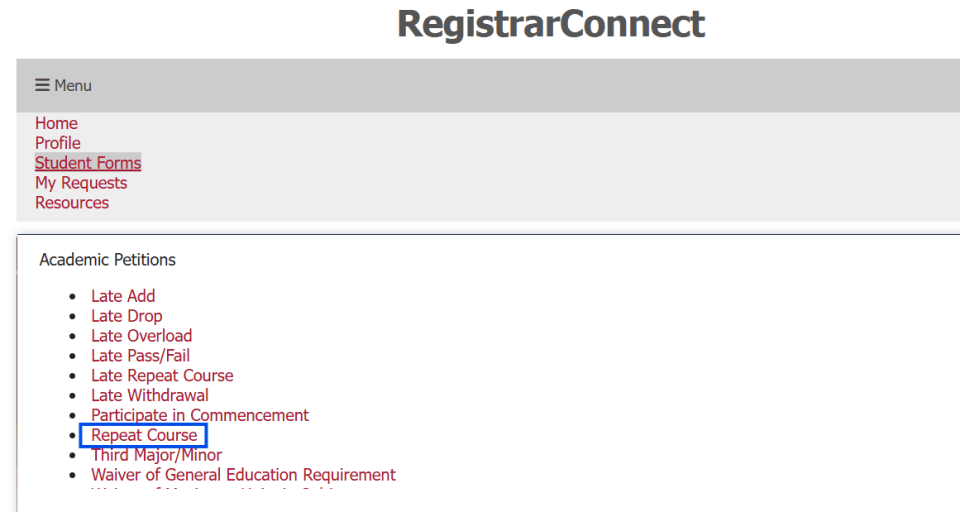 screenshot of the Student Forms page in Registrar Connect with a blue box highlighting the Repeat Course link
