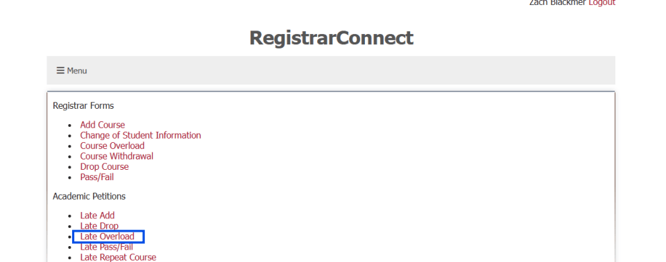 screen shot of the student forms page on Registrar Connect wit the Late Overload form highlighted with a blue box.
