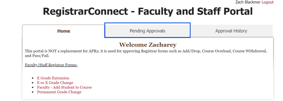 screen shot of Registrar Connect with the Pending Approvals tab highlighted in a blue box.