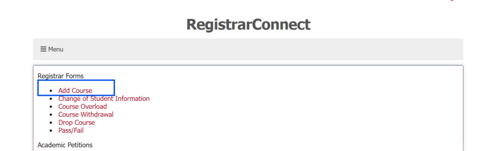 screenshot of the Student Forms page in Registrar Connect with a blue box highlighting the Add Course link
