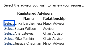 screen shot of the advisor selection portion of the course overload from with the select button on the first advisor highlighted in a blue box