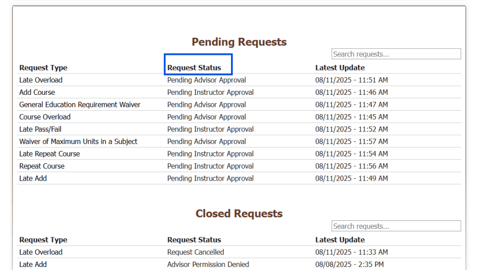 Screen shot of the My Requests screen with the Request Status column under the Pending Requests heading highlighted with a blue box.