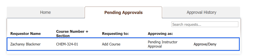 screenshot of the pending approvals screen with the first approval highlighted in a blue box