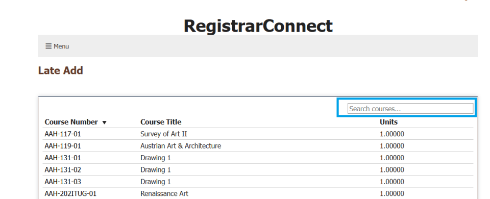 screenshot of the course section search screen in Registrar Connect with the search bar highlighted in a blue box.