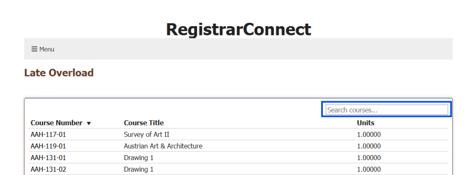 screen shot of the course search page on Registrar Connect with the search bar highlighted with a blue box