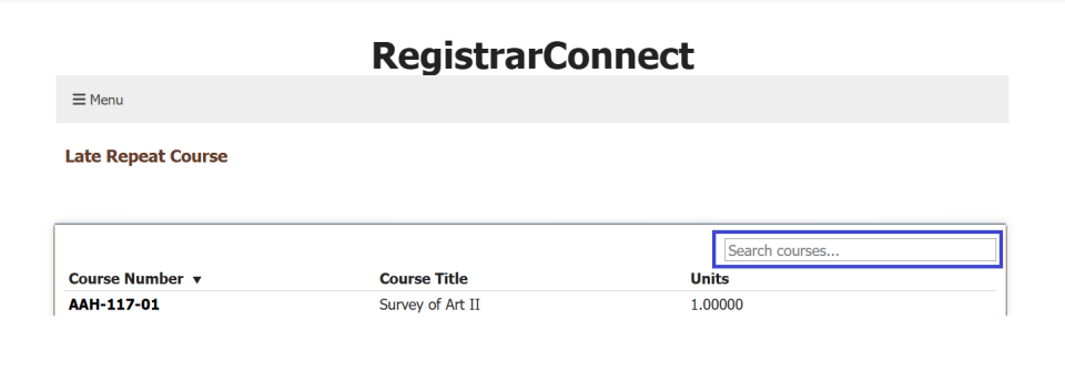 screen shot of the late repeat course selection screen with the search bar highlighted in a blue box