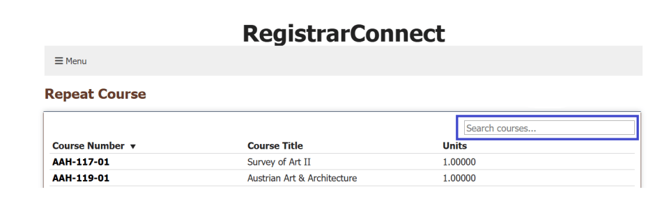 screen shot of the repeat course selection screen with the search bar highlighted in a blue box.