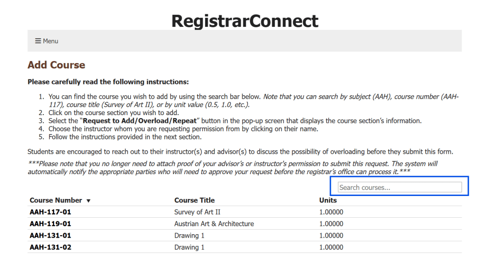 screen shot of the add course selection scree on Registrar Connect with a blue box highlighting the search bar.