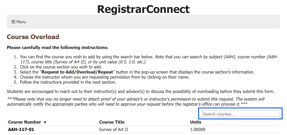 screen shot of the course overload course selection screen on Registrar Connect with a blue box highlighting the search bar.
