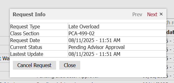 Screen shot of the Request Infor pop-up screen in the My Request page on Registrar Connect.